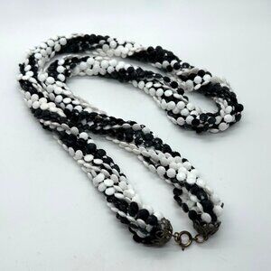 Vintage MultStrand Necklace Black White 1970s Acrylic Bead Torsade Statement 30"